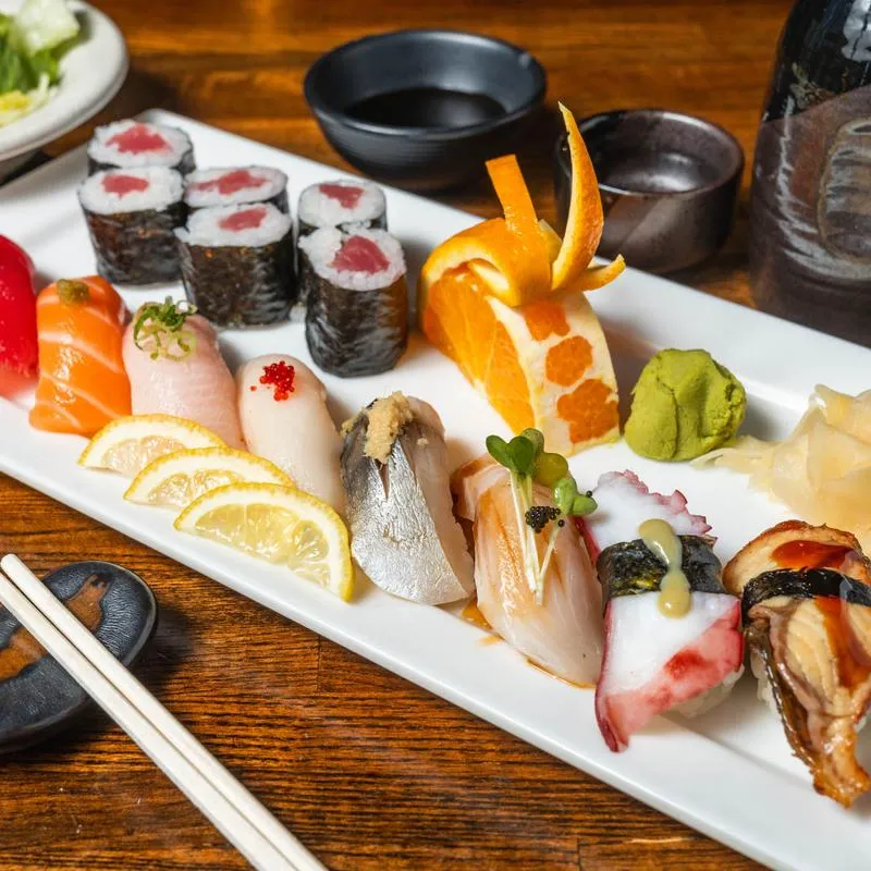 Sushi and sashimi platter with tuna roll, salmon, yellowtail and eel at Ichiban Alpharetta