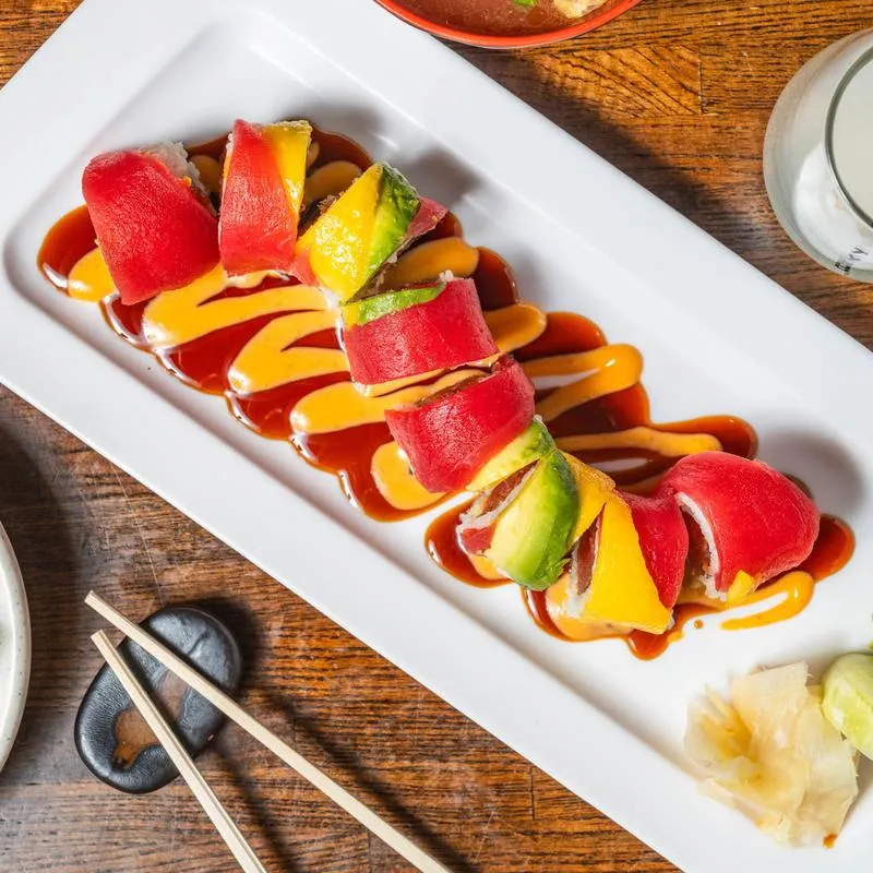 Signature tuna roll with avocado and mango, spicy aioli and kabayaki sauce at Ichiban Alpharetta